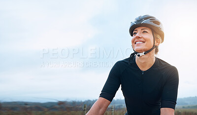 Buy stock photo Smile, fitness and woman thinking while cycling in countryside, happy and relax in nature. Contemplate, sports and lady cyclist training in Mexico for travel, vacation or cardio, routine or workout