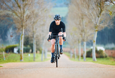 Buy stock photo Cycling, fitness and travel with woman in park path for training, workout and health. Exercise, race and freedom with female cyclist riding on bike in nature for adventure, journey and transport