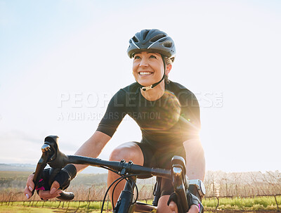 Buy stock photo Cycling, fitness and happy with woman in park for training, workout and cardio health. Exercise, travel and freedom with female cyclist riding on bike in nature for adventure, journey and transport