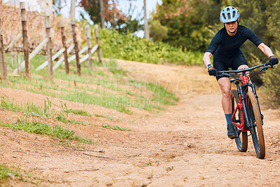 Buy stock photo Bicycle, ride outdoor and woman on a bike with cycling for sports race on a road with mockup. Fitness, exercise and fast athlete doing sport training in nature on a park trail for cardio and workout