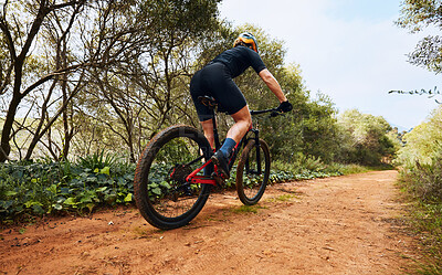 Buy stock photo Sports, fitness and cycling with woman on dirt path in nature for workout, training and competition. Strong, cardio and exercise with female cyclist riding on mountain bike for adventure and journey