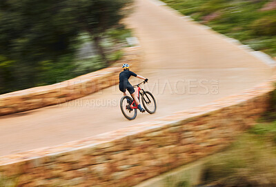 Buy stock photo Cycling man, speed and bicycle in nature on countryside bridge for training, wellness and fitness. Cyclist, mountain bike and sustainable travel in summer for adventure, health and workout on road