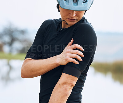 Buy stock photo Cycling, injury and woman arm with problem, issue or inflammation after fitness workout in nature. Shoulder pain, girl and cyclist with muscle, joint or bone arthritis, fibromyalgia or osteoporosis