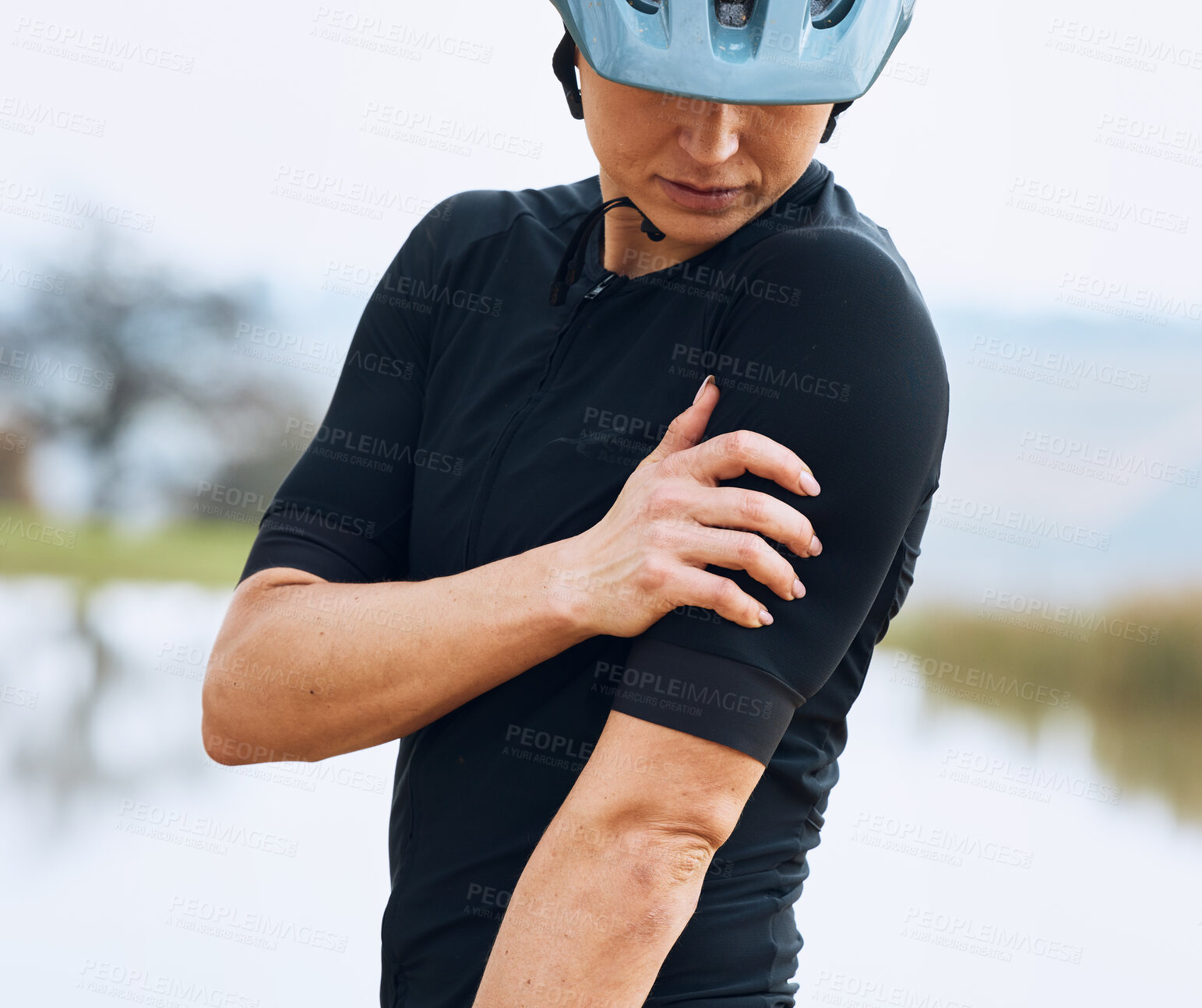 Buy stock photo Cycling, injury and woman arm with problem, issue or inflammation after fitness workout in nature. Shoulder pain, girl and cyclist with muscle, joint or bone arthritis, fibromyalgia or osteoporosis