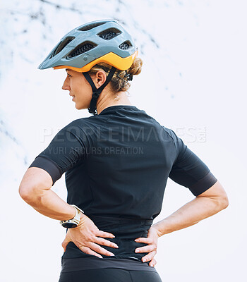 Buy stock photo Bicycle, athlete and woman outdoor with rest and relaxing after exercise, fitness and cycling. Race training, wellness and female cyclist with sports and bike workout in nature ready for challenge