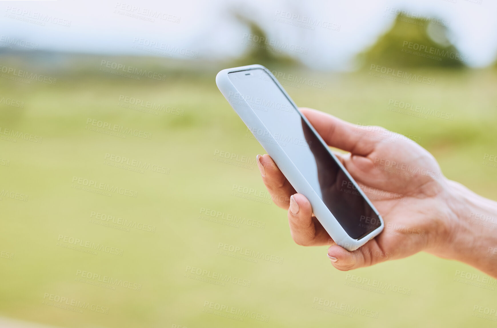 Buy stock photo Hand, phone and person use gps online on mobile app to navigate on a field with internet connection for a smartphone. Cellphone, mockup and closeup of web search on a website outdoors in nature