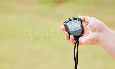 Buy stock photo Hand, stopwatch and mockup with a personal trainer outdoor for sports, fitness or training for a time trial. Exercise, watch and workout with a coach timing an athlete outside for cardio or endurance