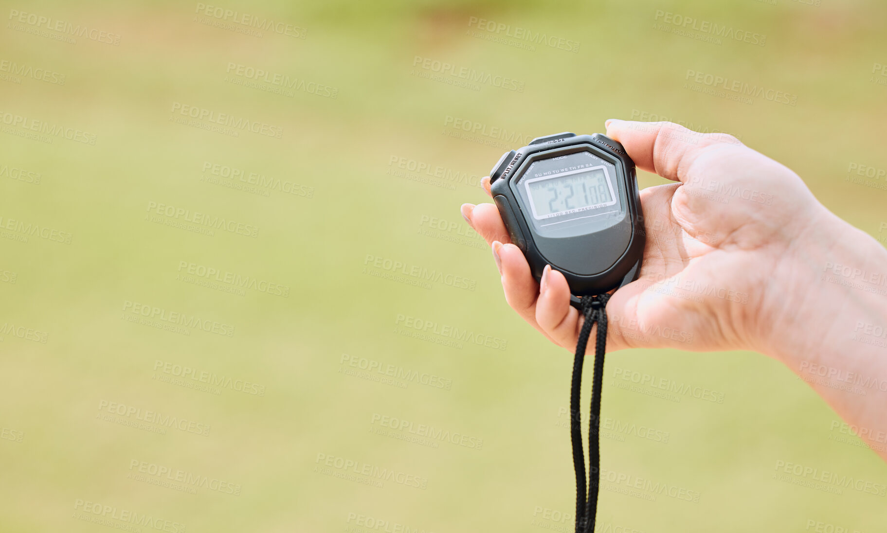 Buy stock photo Hand, stopwatch and mockup with a personal trainer outdoor for sports, fitness or training for a time trial. Exercise, watch and workout with a coach timing an athlete outside for cardio or endurance