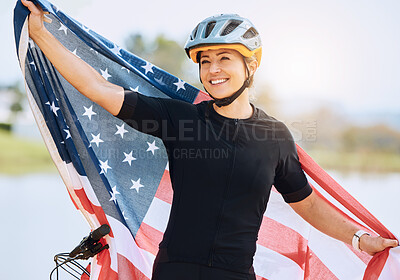 Buy stock photo Fitness, American flag and woman with smile, biker and victory with competition, workout and training. Female athlete, happy person and cyclist with symbol for USA, winning and happiness with success