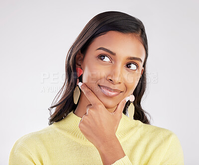 Buy stock photo Face, thinking and mind with a woman on a white background in studio to decide on a choice. Head, idea and problem solving with an attractive young female contemplating a thought about her options