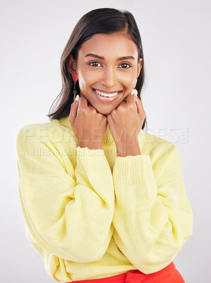 Buy stock photo Happy, smile and portrait of a woman in a studio with a casual outfit and positive mindset. Happiness, excited and face of a stylish Indian female model with fashion isolated by a gray background.