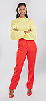 Fashion, happy and portrait of a woman in a studio with a stylish, trendy and casual outfit. Smile, style and full body of an Indian female model with crossed arms for confidence by a gray background