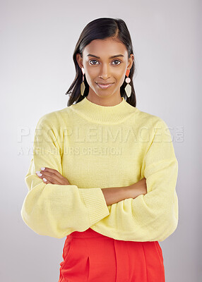 Buy stock photo Confident, corporate and portrait of woman arms crossed feeling proud isolated in a studio white background. Confidence, assertive and young Indian female worker, leader or employee with calm mindset