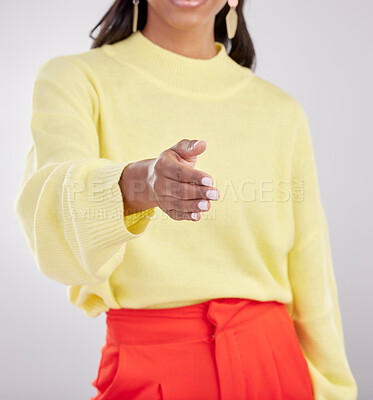 Buy stock photo Woman, hand shake with agreement and partnership deal, onboarding and recruitment on studio background. Collaboration, female networking with welcome, offer with thank you or greeting gesture