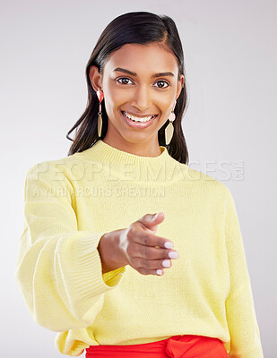 Buy stock photo Woman, smile in portrait and handshake, agreement and partnership deal with onboarding and recruitment on studio background. Collaboration, happy female and networking with welcome and thank you