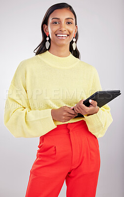 Buy stock photo Happy, work and portrait of a woman with a tablet isolated on a white background in a studio. Smile, business and a young girl with technology for social media, email or internet access on a backdrop