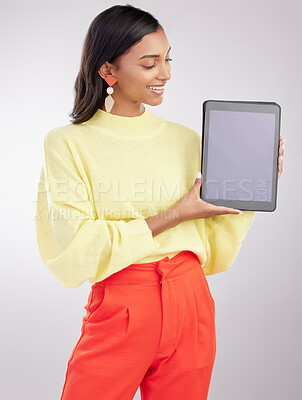 Buy stock photo Happy, tech and woman with a tablet, screen and connection on a white studio background. Female person, technology and model with a device, internet and communication with social media and networking