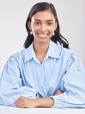 Buy stock photo Smile, happy and portrait of woman feeling excited with arms crossed satisfied and isolated in a white studio background. Corporate, worker and employee or Indian female with a positive mindset 