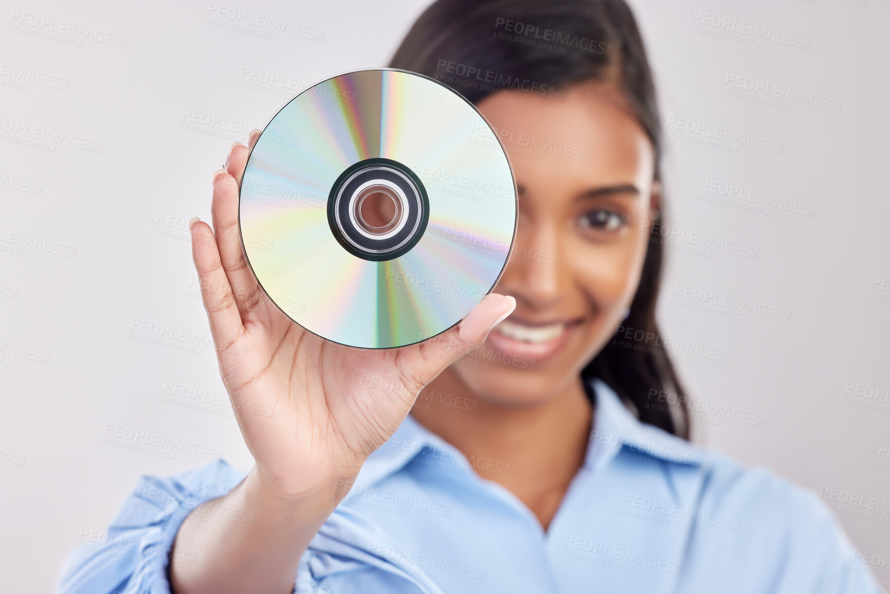 Buy stock photo Portrait, happy and woman with cd, excited and technology against a white studio background. Face, female model and person with compact disc, music and sounds with happiness, audio and multimedia