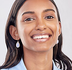 Face, teeth and portrait of woman relax feeling happy, confident and excited isolated in a studio white background. Employee, dental care and Indian female worker with oral or mouth hygiene 
