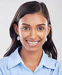 Face, happy and portrait of Indian woman relax feeling confident, smile and excited isolated in a studio white background. Employee, head and female worker proud, happiness and confidence