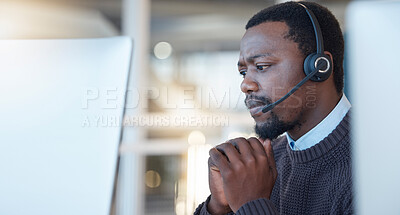 Buy stock photo Stress, call center and black man customer service agent with worry, frustration or burnout in office. Nervous, confused and African male telemarketing consultant working on consultation in workplace