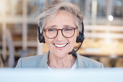 Buy stock photo Telemarketing, consultant and senior woman with smile, customer service and call center in workplace. Mature female employee, entrepreneur and agent with headset, happiness and tech support in office