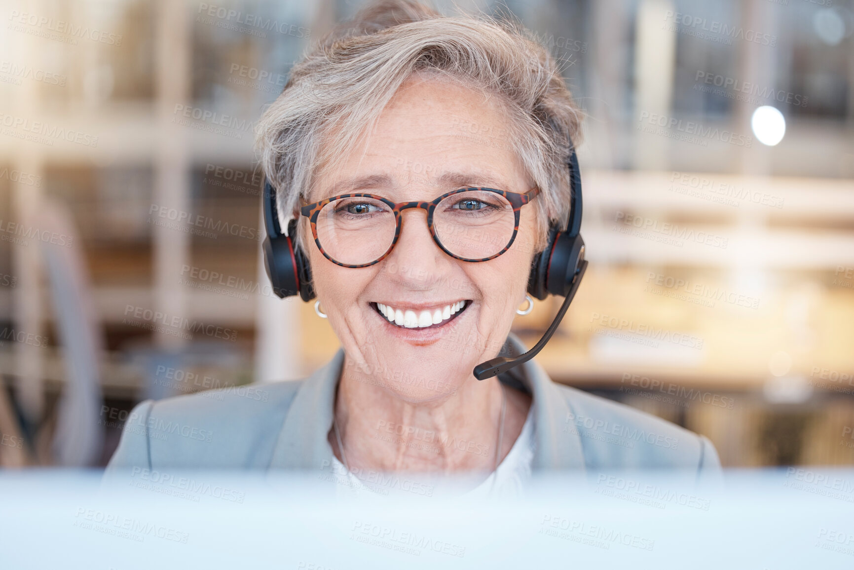 Buy stock photo Telemarketing, consultant and senior woman with smile, customer service and call center in workplace. Mature female employee, entrepreneur and agent with headset, happiness and tech support in office