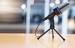 Broadcast, podcast and radio with microphone in office for live streaming, recording and interview mockup. Technology, network and news with equipment in studio for communication, media and audio