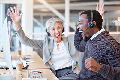 Buy stock photo Call center, senior woman and black man with celebration, telemarketing and excited for kpi target. Male consultant, female agent and employees with success, profit goals and cheering with happiness