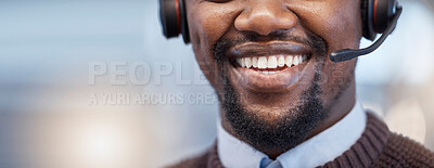 Buy stock photo Happy, mouth and closeup of a call center agent with a smile while doing an online consultation. Contact us, mockup and face of an African male customer service representative with headset in office.