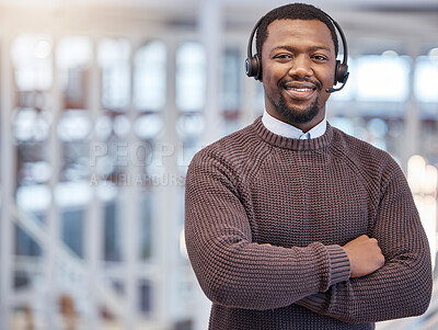 Buy stock photo Call center, smile and portrait of black man with arms crossed in office with pride for career, job or customer service. Face, telemarketing and happy, proud and confident sales agent from Nigeria.