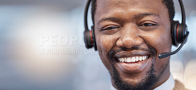 Buy stock photo Call center, smile and face portrait of black man in office with pride for career, job or customer service mockup. Person, telemarketing and happy, proud or confident African sales agent from Nigeria