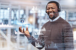 Happy, digital and portrait of a black man at a call center for telemarketing analysis at work. Smile, overlay and an African customer service agent working on stats, data and results on a screen