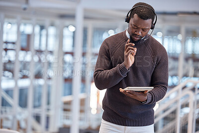 Buy stock photo Call center, tablet and confused black man in office for working, customer support or service. Telemarketing, thinking and technology of serious African person looking for solution or problem solving