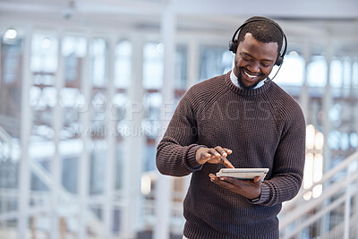 Buy stock photo Call center, tablet and happy black man in office for working, customer support or consulting. Telemarketing, contact us and technology of African person, sales agent or consultant online for service