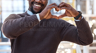 Buy stock photo Hands, heart and black man showing love gesture, sign or symbol feeling happy, support excited in an office. Care, employee and businessman with loving or hearty shape, emoji and icon at work