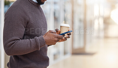 Buy stock photo Hands, coffee and texting with phone in office, social media or typing in workplace mockup. Cellphone, tea and black man or business person browsing online, networking or internet messaging on break.