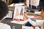 Fashion, design and sketch, team at workshop with ideas for color and textures for clothes. Creative luxury designer boutique brand, teamwork and planning, people brainstorming creativity in office.
