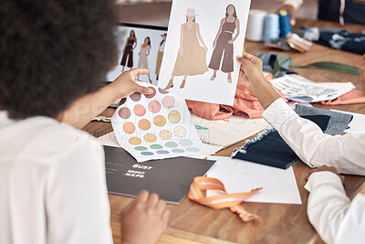 Buy stock photo Fashion, designer sketch and team collaboration on project, illustration or paper at a desk in office. Creative women, hands and teamwork on planning, discussion and drawing a design for clothes idea