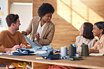 Fashion, design and black woman with ideas at workshop for fabric pattern and textures for clothes for luxury brand. Creative business, proposal and teamwork, men and women brainstorming in office.