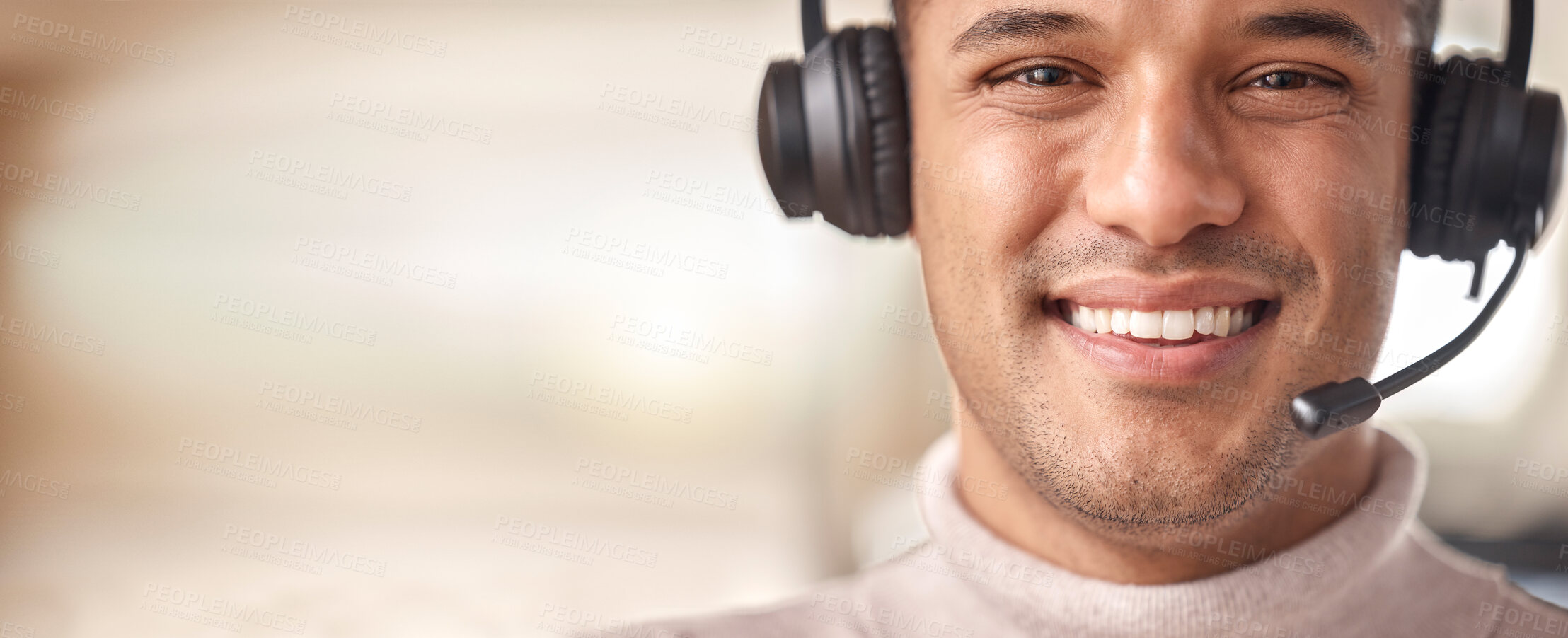 Buy stock photo Call center man, smile and portrait in contact us, CRM and headset with mic on mockup space. Customer support banner, happy or male in telemarketing sales, help desk and consultant face in office