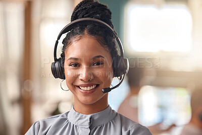 Buy stock photo Call center woman, happy and portrait in contact us, CRM and headset with mic on mockup space. Customer service consultant, female and face smile for telemarketing sales and help desk agent in office