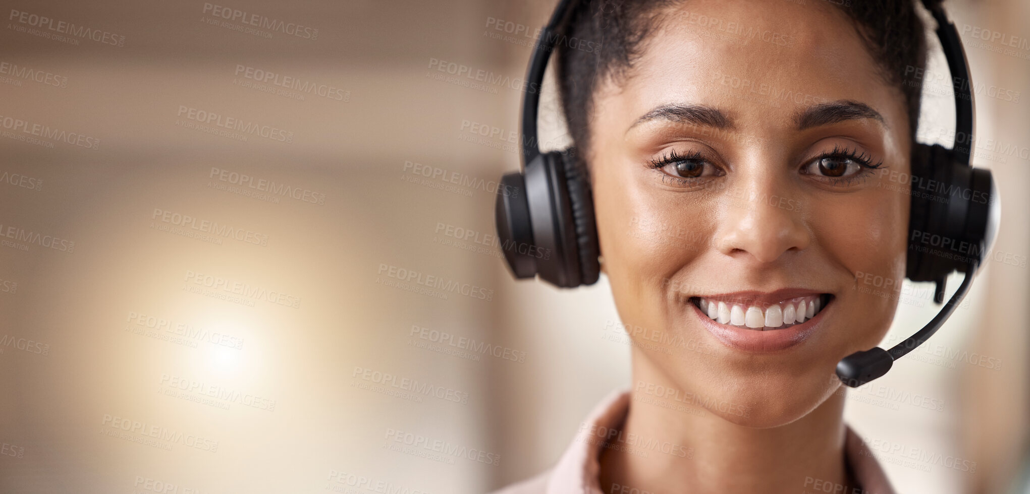 Buy stock photo Call center, happy and woman with smile in portrait and contact us, CRM and headset mic with face on mockup space. Customer service consultant, female or telemarketing with sales and help desk banner