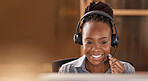 Call center, black woman and smile with space and face for telemarketing, sales and support. Professional female consultant or agent with a headset for customer service, crm and help desk or advice