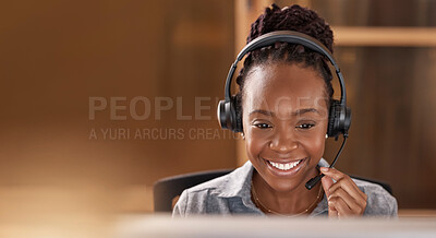 Buy stock photo Call center, black woman and smile with space and face for telemarketing, sales and support. Professional female consultant or agent with a headset for customer service, crm and help desk or advice