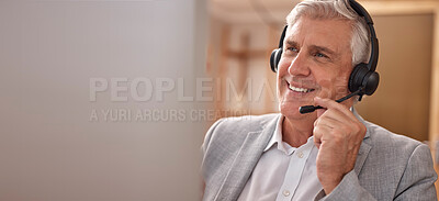 Buy stock photo Mature man, happy or call center headset at technology in office sales and customer support, Male agent or consultant in telemarketing, telecom and crm with smile service or help desk communication