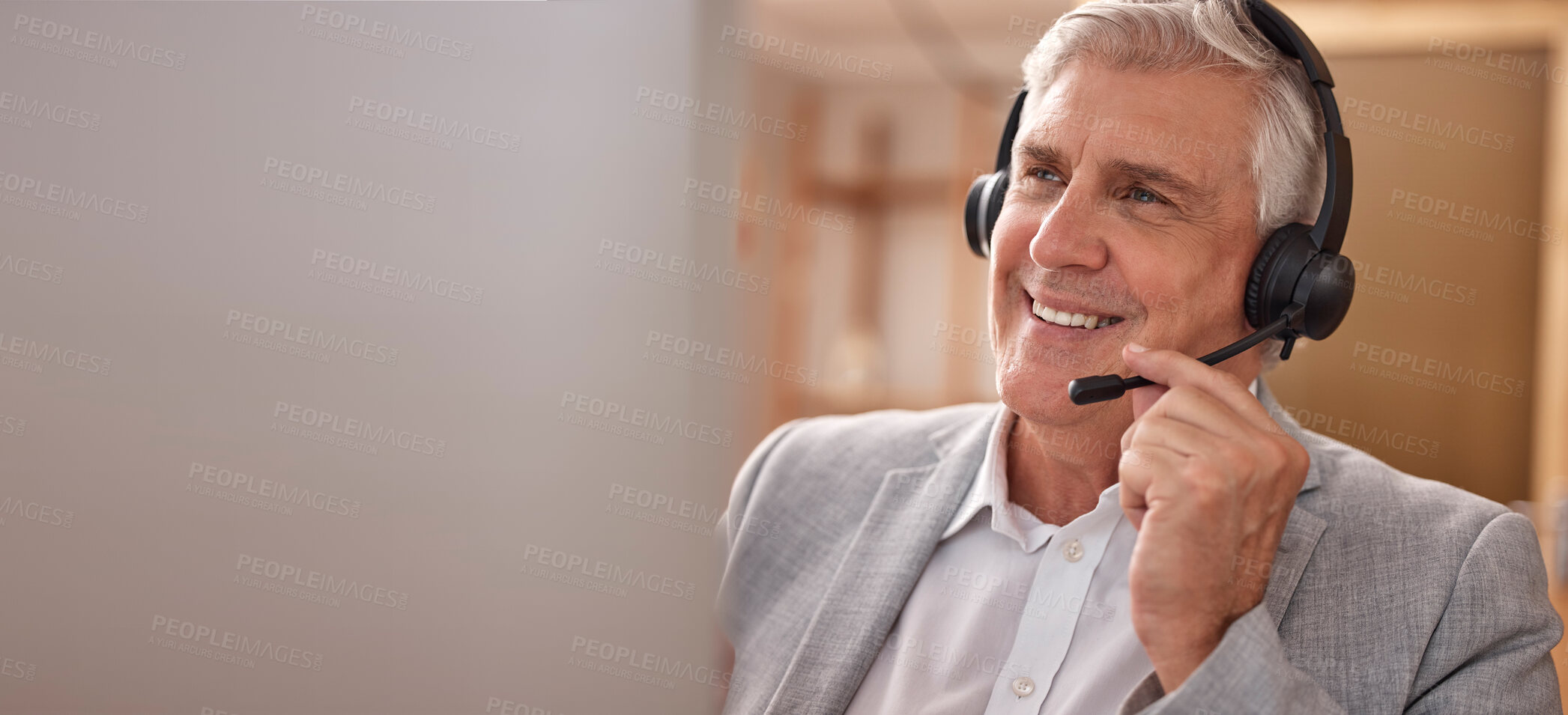 Buy stock photo Mature man, happy or call center headset at technology in office sales and customer support, Male agent or consultant in telemarketing, telecom and crm with smile service or help desk communication