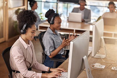 Buy stock photo Call center, team and computer on desk in office for customer service, sales or support. Happy people, agents or consultant in night telemarketing, telecom and crm or help desk in coworking workplace