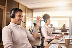 Businessman, call center and meeting on computer for customer service, support or telemarketing at the office. Happy man consultant or agent talking with smile and headphones for online advice